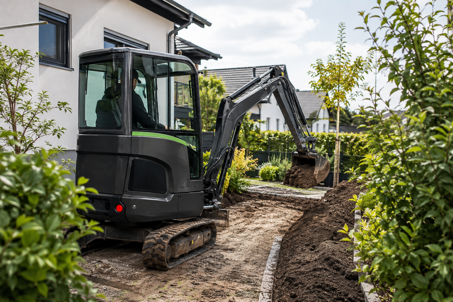 Allgemeine Darstellung eines Minibaggers bei kleineren Erdarbeiten