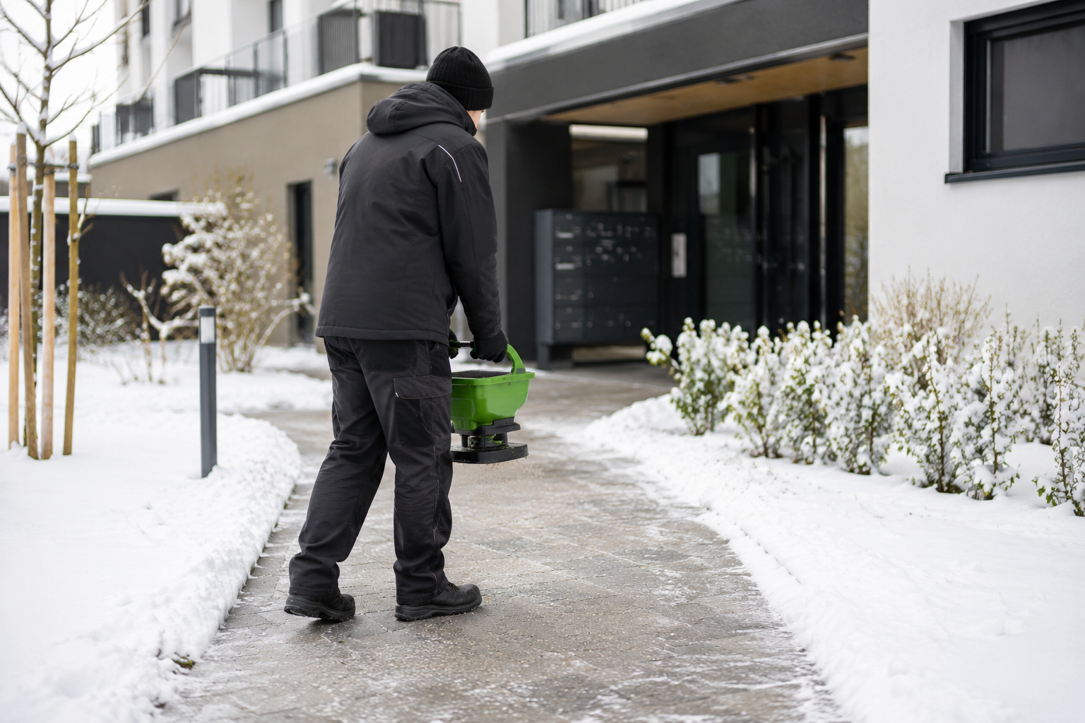 Räum- und Streudienst an einem Mehrfamilienhaus in Koblenz